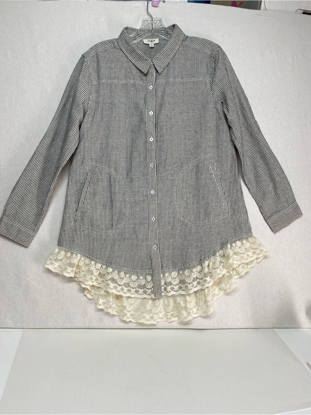 Umgee Striped Button Up Small Tunic Top Long Roll Tab Sleeves Delicate Lace Hem